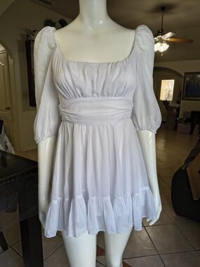 White Puff-Sleeve Mini Dress with Smocked Waist